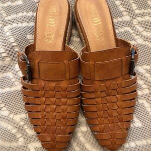 Mi.iM Brown Woven Leather Mules with Pointed Toe